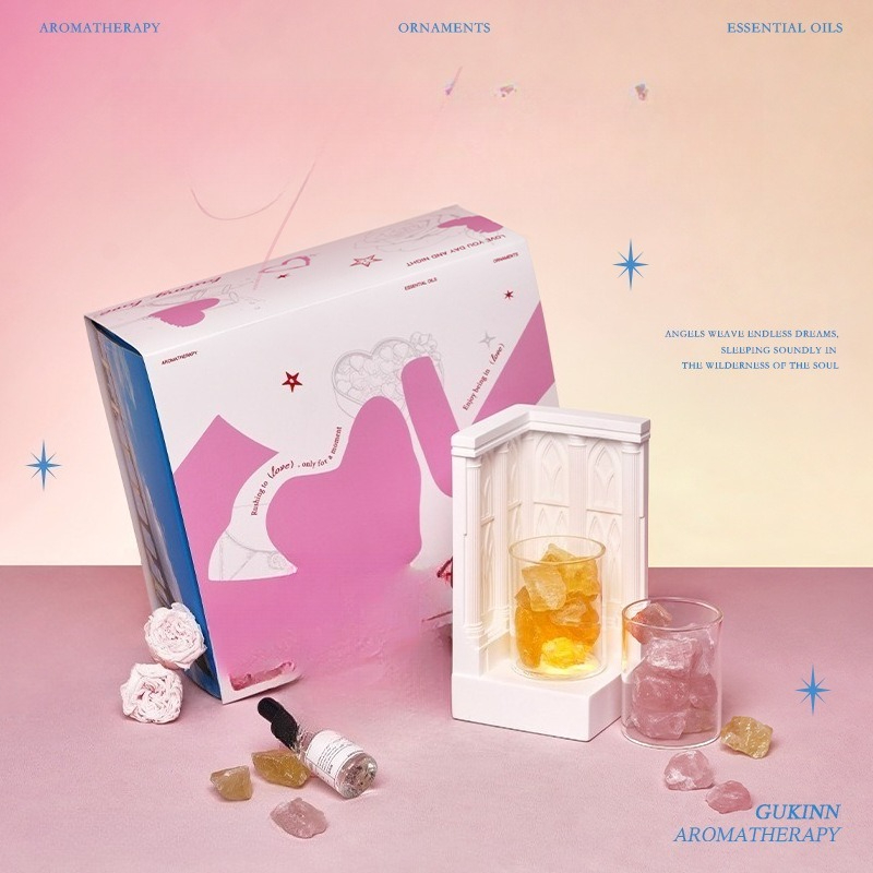 Home Fragrance Gift Box - กล่องของขวัญเครื่องหอมอโรมาเธอราพีสีชมพู พร้อมหินกระจายกลิ่นหอมระดับพรีเมียม แบบไม่ใช้ไฟ สำหรับตกแต่งบ้าน