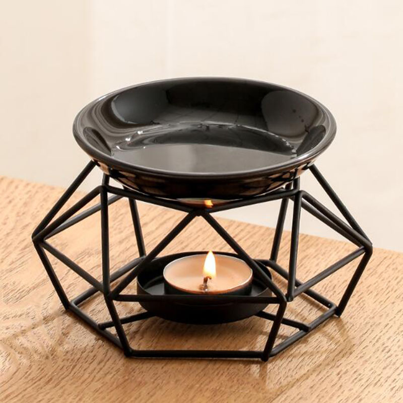 Home Fragrance Lamp - ชามเซรามิคชั้นวางเหล็กสีดํารูปหลายเหลี่ยมน้ํามันหอมระเหย Burner เชิงเทียนโคมไฟน้ํามันกลิ่นหอม Censer ห้องนอน Home