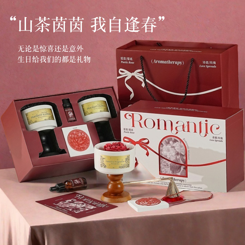 Home Fragrance Gift Box - ชุดกล่องของขวัญเทียนหอมกลิ่นดอกคามิลเลียระดับไฮเอนด์ เครื่องประดับกระจายกลิ่นหอมติดทนนานสำหรับห้องนอนในบ้าน ของขวัญวันเกิด